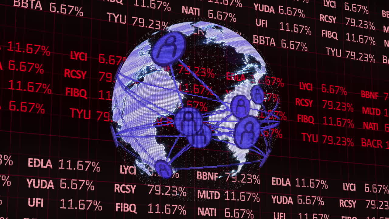 animación de iconos conectados en todo el mundo sobre el tablero de negociación contra un fondo negro.