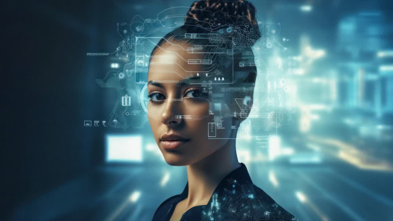 Futuristic video concept of a woman with digital overlays, captured in a medium close-up angle video