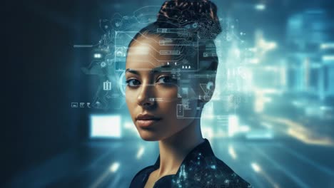 futuristic video concept of a woman with digital overlays, captured in a medium close-up angle video