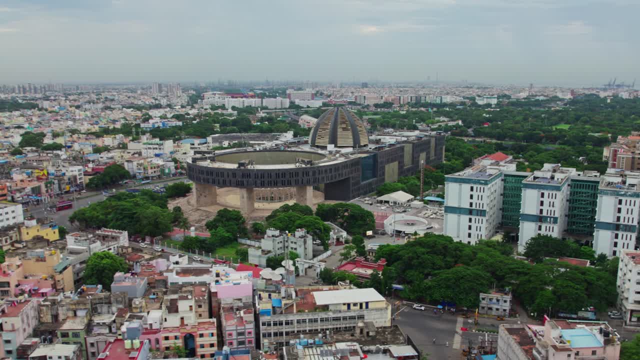 Tourism Development Corporation with Fire Station and Government Super Speciality Hospital at Wallajah Road, Anna Salai, Triplicane, Chennai, Tamil Nadu, india. day time, sami orbit, drone shot, 4k.