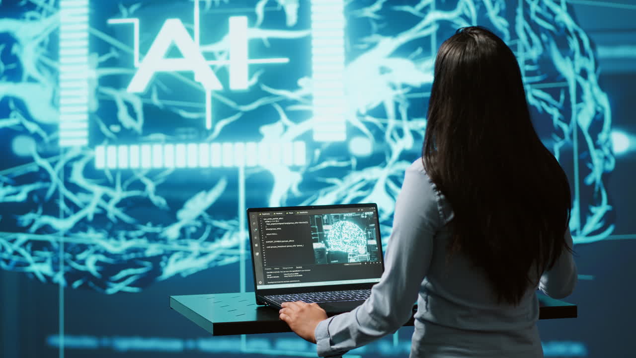 mujer trabajando en una computadora portátil en un espacio de trabajo de vanguardia con sistemas de ia