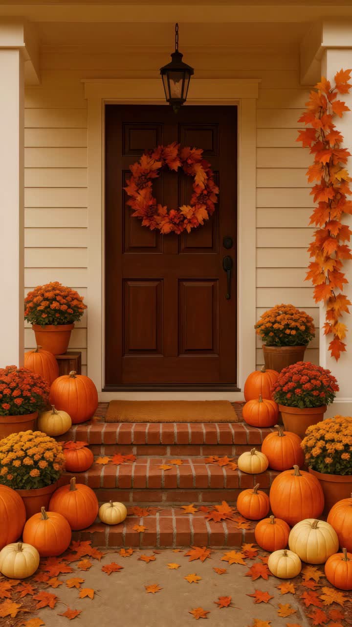 Warm, inviting autumn porch scene with pumpkins and foliage