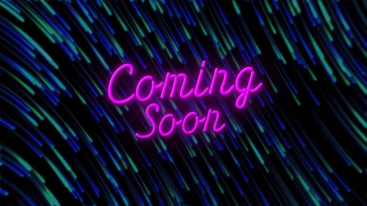 Animation with Coming Soon neon text over dynamic blue and green streaks background