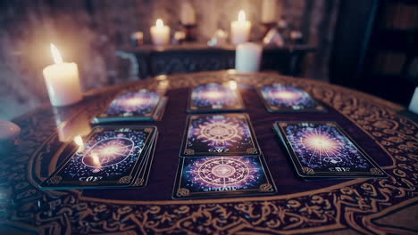 tarot cards and candles in a mystical room