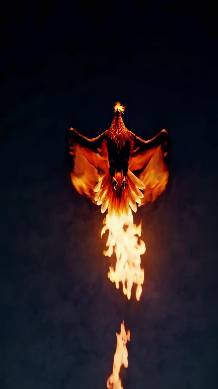 A dramatic, low-angle shot of a fiery phoenix soaring upward, wings ablaze, in a mystical fantasy