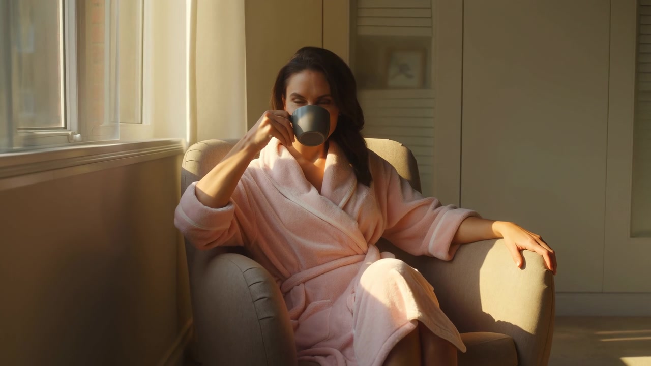 Donna bianca in vestaglia rosa che sorseggia caffè accanto a una finestra illuminata dal sole, seduta in poltrona, luce calda e dorata, rilassata