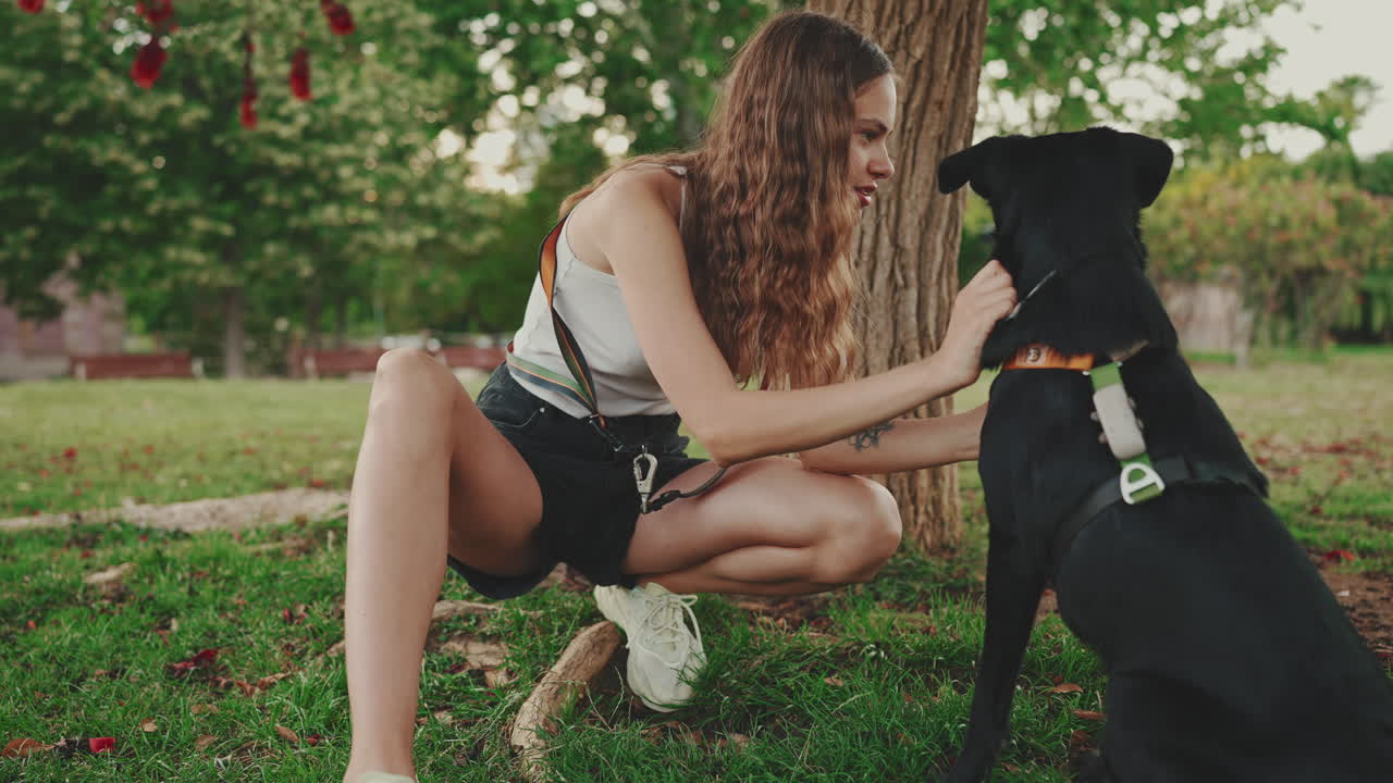 Woman petting her dog in the park