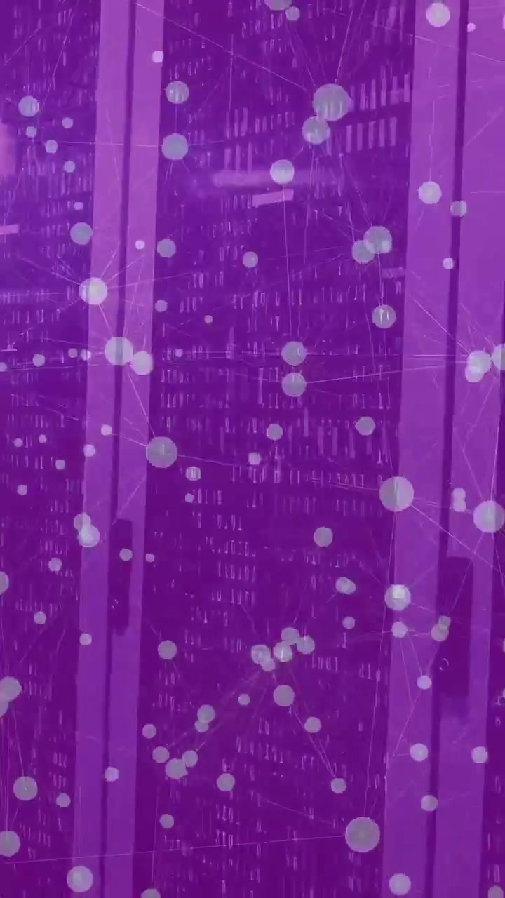Vertical video: On play purple overlay shifting, nodes drifting and lines showing panels for tech