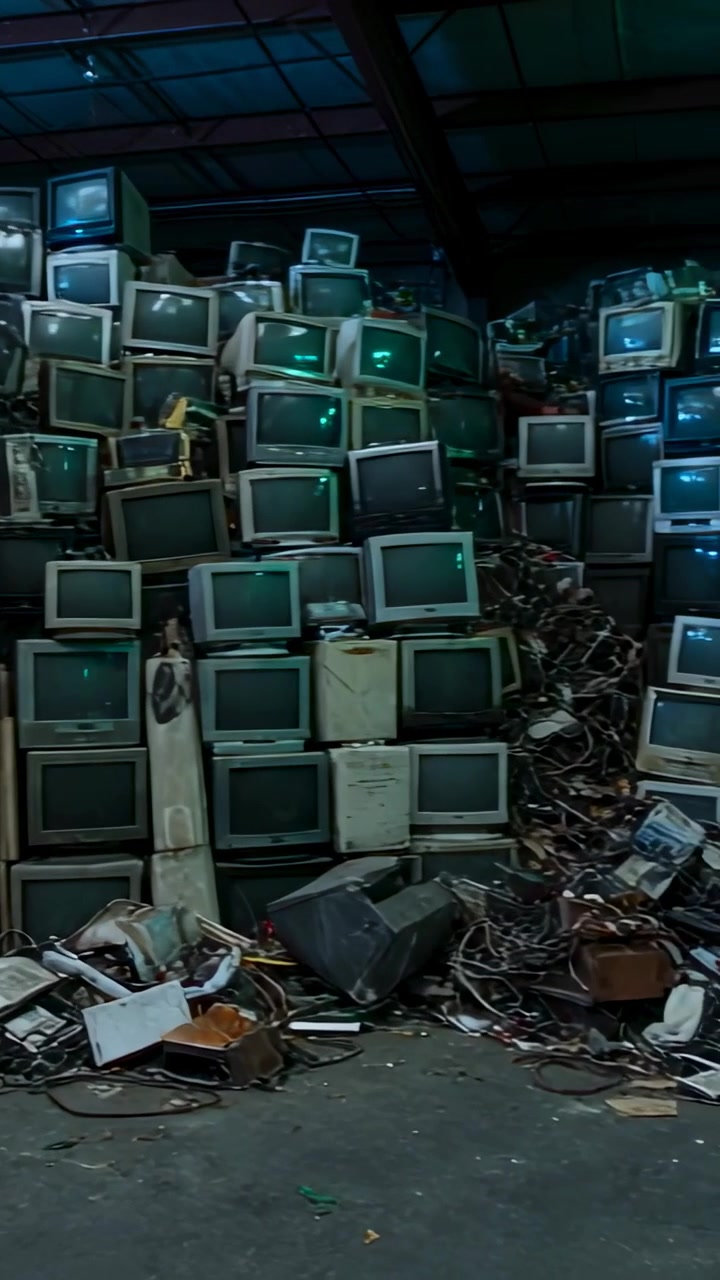 Vertical video: Panning camera moving right revealing stacked CRTs in warehouse, exposing cables