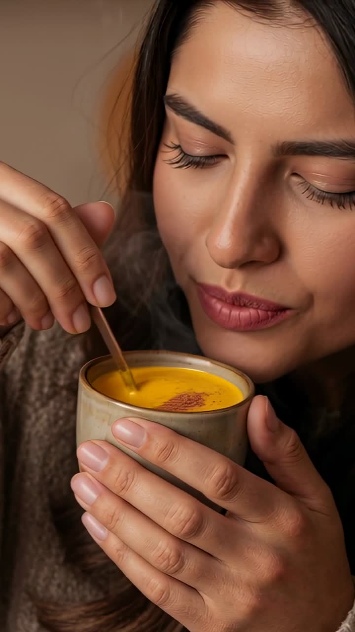 Vertical video: Cradling cup at home, woman in sweater stirring spoon, savoring cinnamon steam