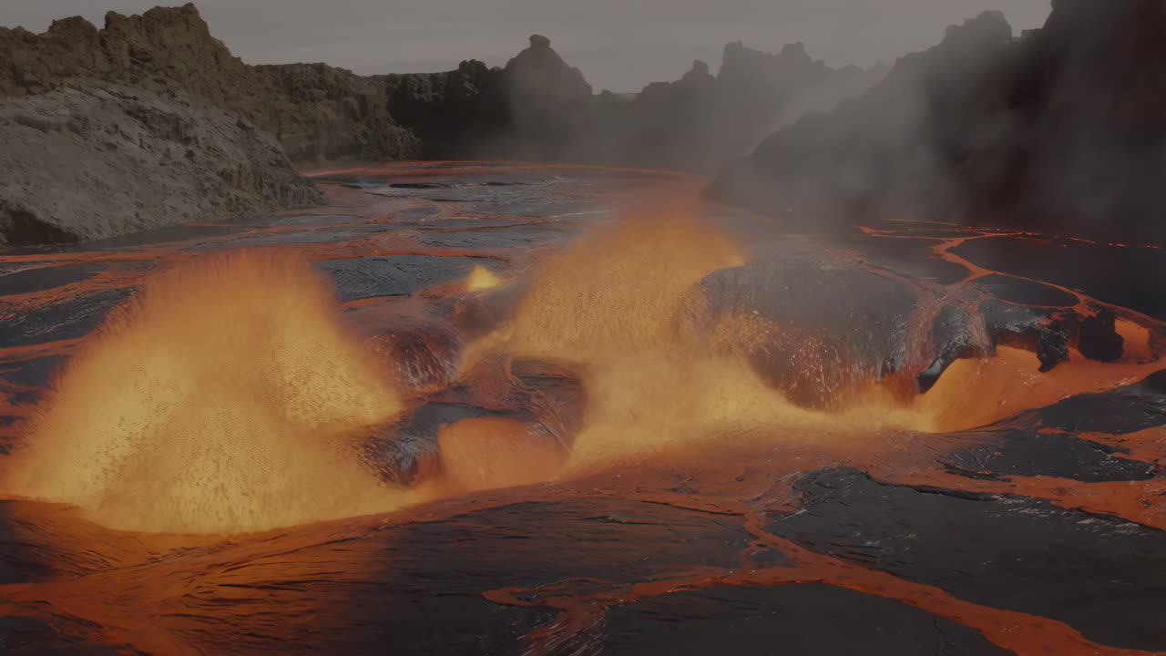 Lava Pijar Dinamis Mengalir Melalui Lanskap Vulkanik