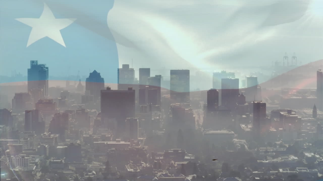 Blending urban and national elements, city skyline with large flag animation