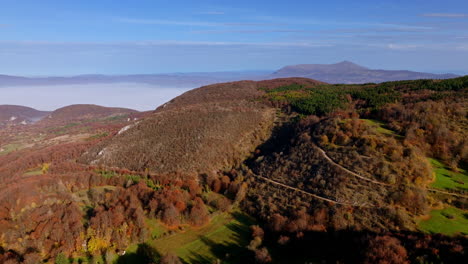 panoramic autumn mountain landscape with valley mist and forest