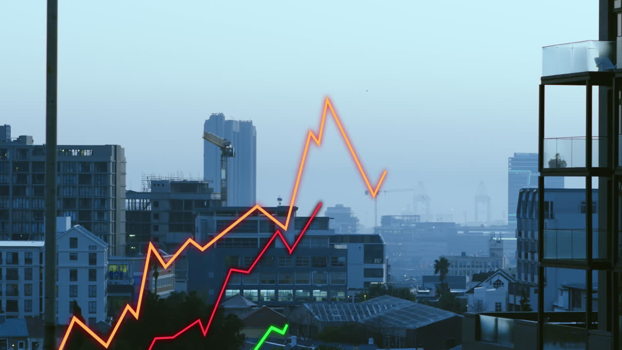 animación de líneas y procesamiento de datos financieros sobre el paisaje urbano