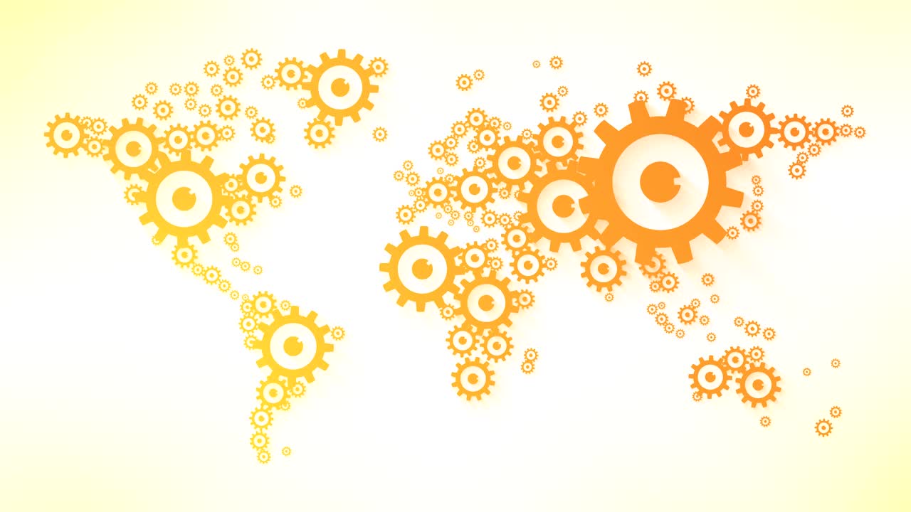 world map composed of orange gears business loop animation