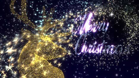 christmas motion graphics with a golden reindeer in a shower of glittering particles and the message �merry christmas�, in glowing text