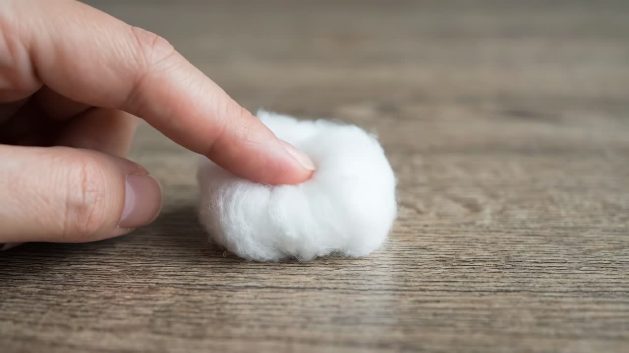 Dito che preme una pallina di cotone bianca e soffice su una superficie di legno
