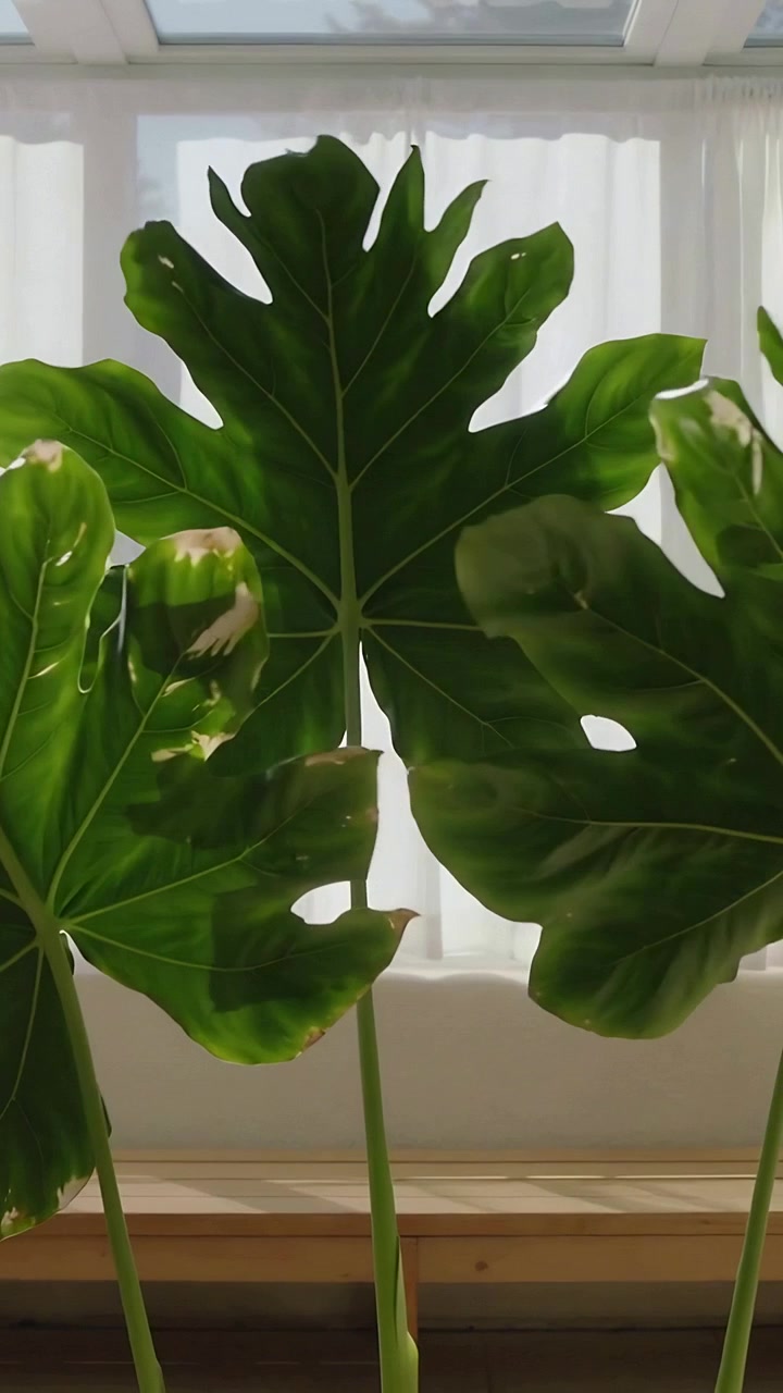 Video verticale: Luce soffusa che fa muovere le foglie lobate di tre piante su una panca di legno, mostrando le venature