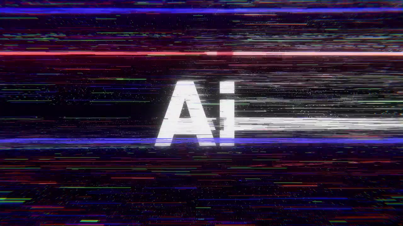 Testo Intelligenza Artificiale AI con effetto glitch digitale e distorsione