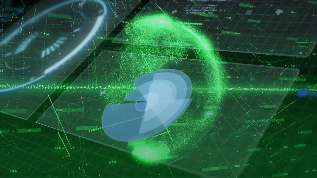 Holo cluster animating on data update, disc rotating, globe pulsing, panels scrolling for analytics