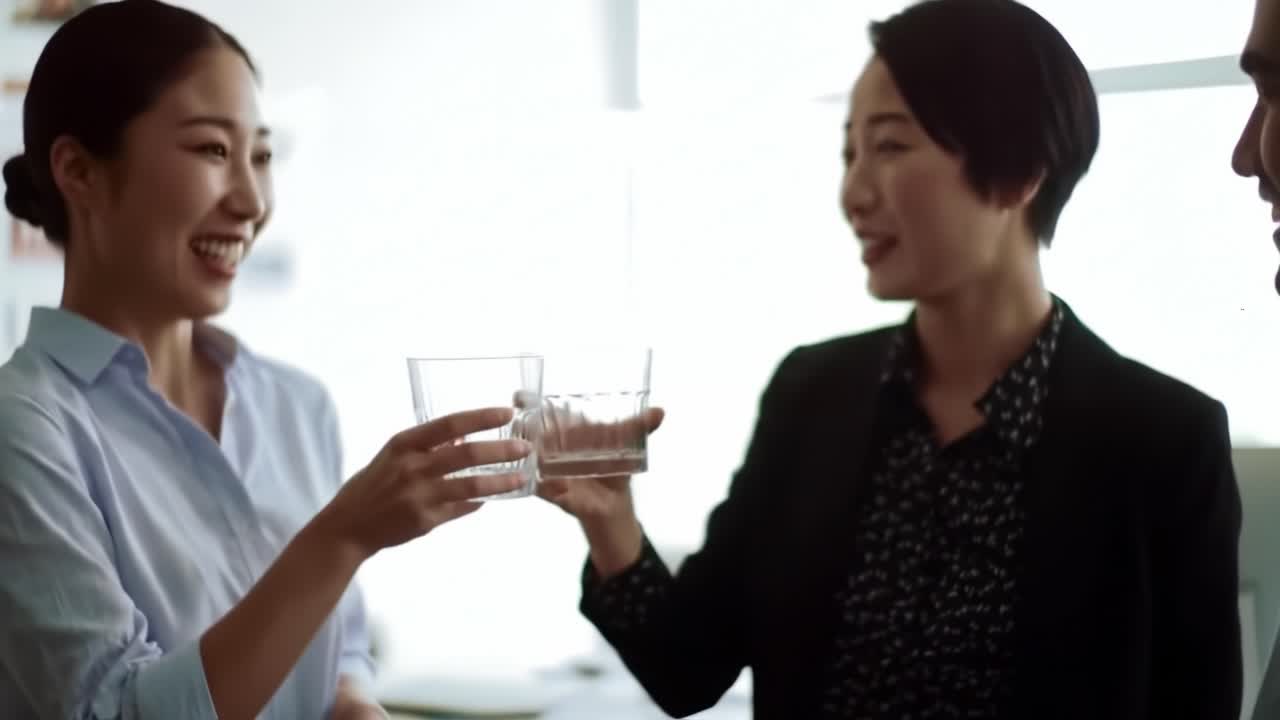 Colleagues gather in a bright office space, celebrating a success with high fives and smiles. The atmosphere is filled with excitement and camaraderie after achieving their goals together.