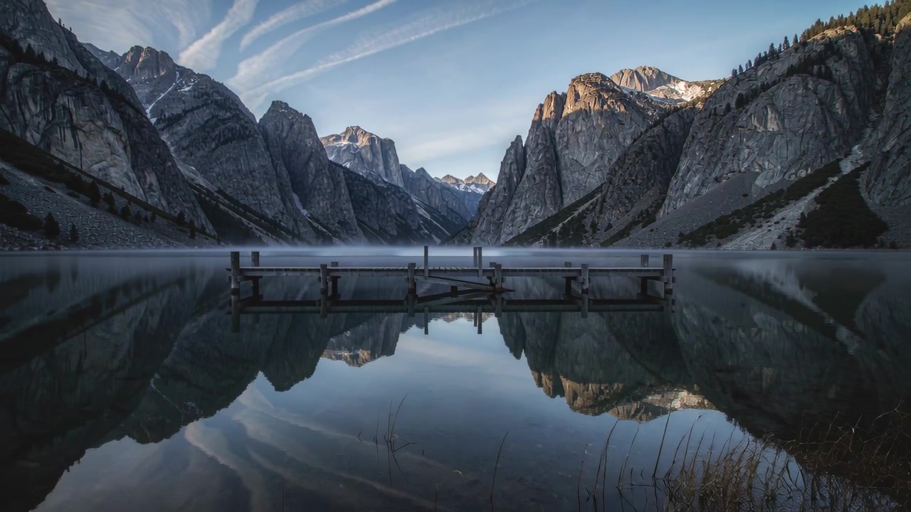 Pontile galleggiante posizionato al centro di un lago alpino, il vento crea increspature, la nebbia dell'alba rivela i canneti