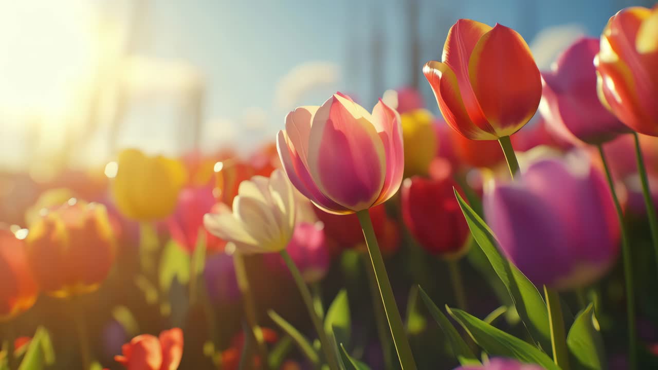 Vibrant tulips in a sunlit field, captured from a low-angle. The scene has a dreamy, cinematic video