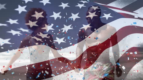 animación de la bandera estadounidense y confeti sobre una pareja afroamericana en la playa