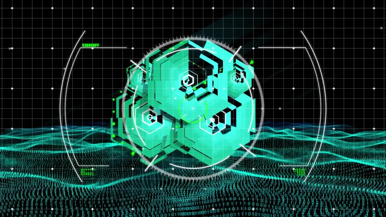 Animation of scope scanning and data processing over green light trails