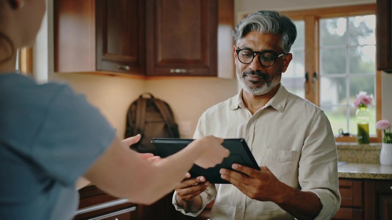 Extending woman in blue top offering black tablet, beige-shirt man taking and seeing at counter