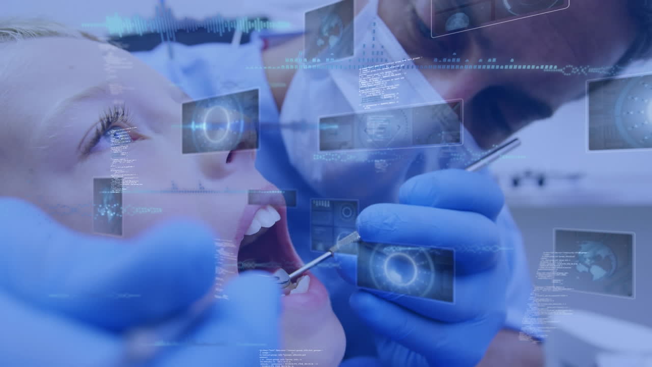 animação de processamento de dados sobre menina na cadeira do dentista