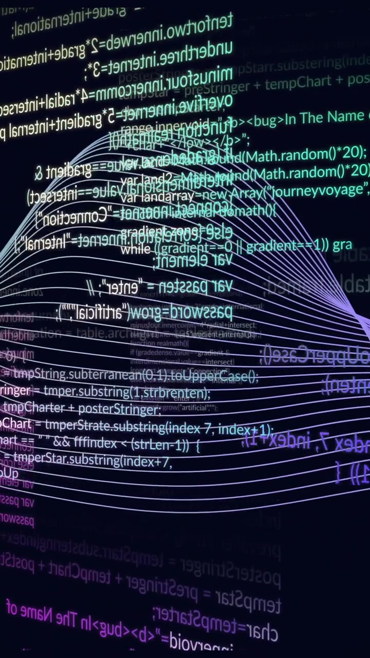 Flowing wave animation over colorful programming code lines on dark background