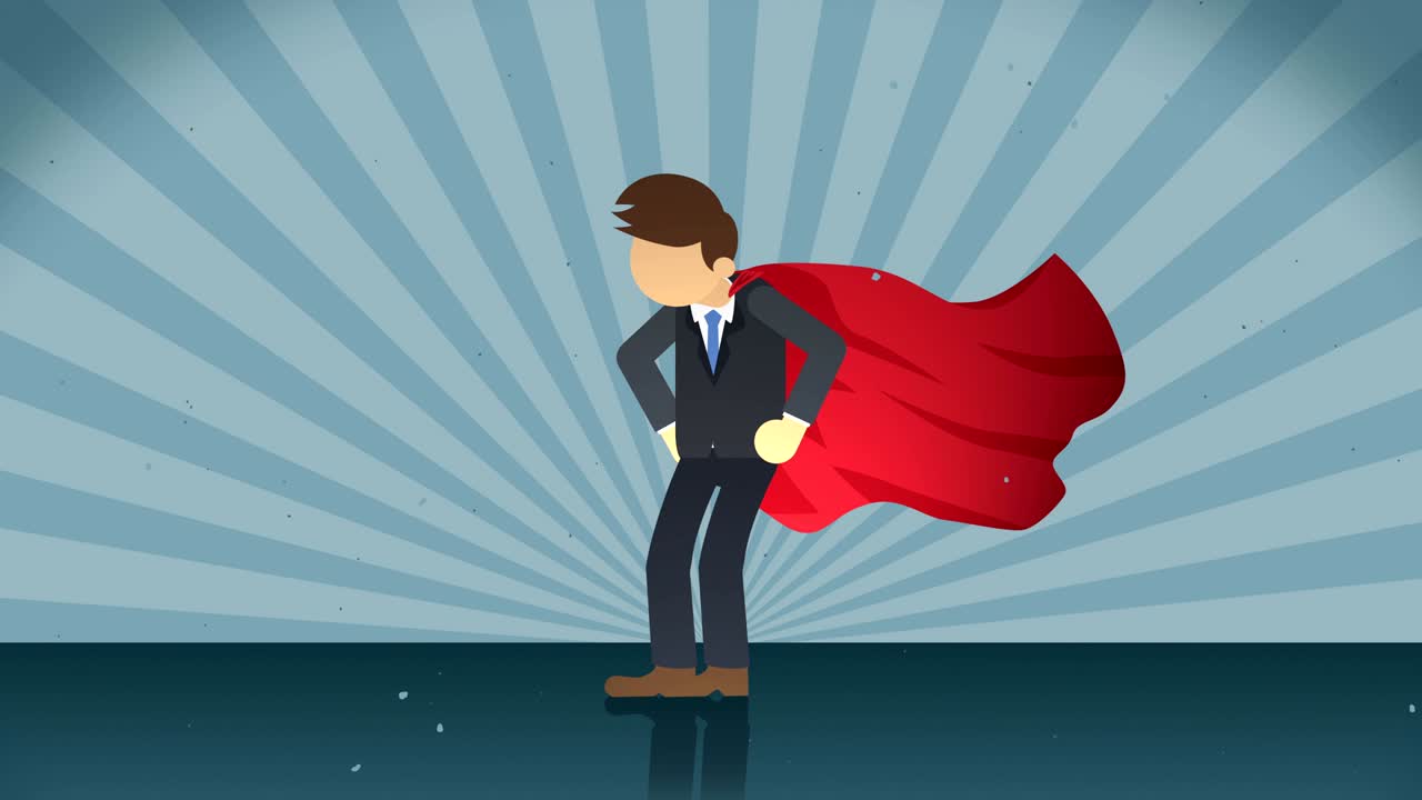 superhéroe de pie en el fondo de la explosión solar. fondo de rayos de sol. concepto de negocio. animación de bucle cómico.