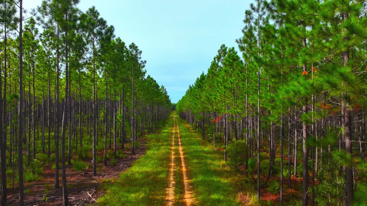 Flight amongst iridescent pine trees with long thin trunks in vast Australian plantation