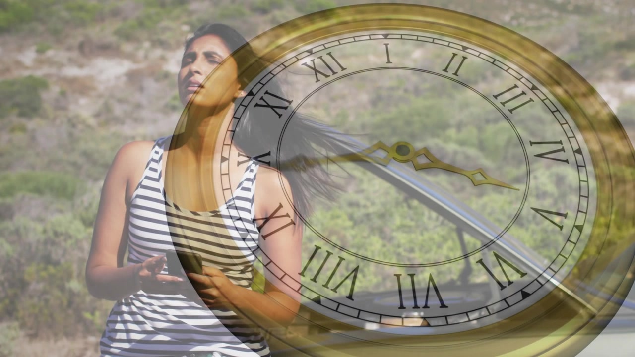 Woman tapping smartphone on hillside, tech clock overlay shifting hands, indicating time passing