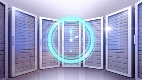 animación del reloj moviéndose rápidamente sobre los servidores de la computadora