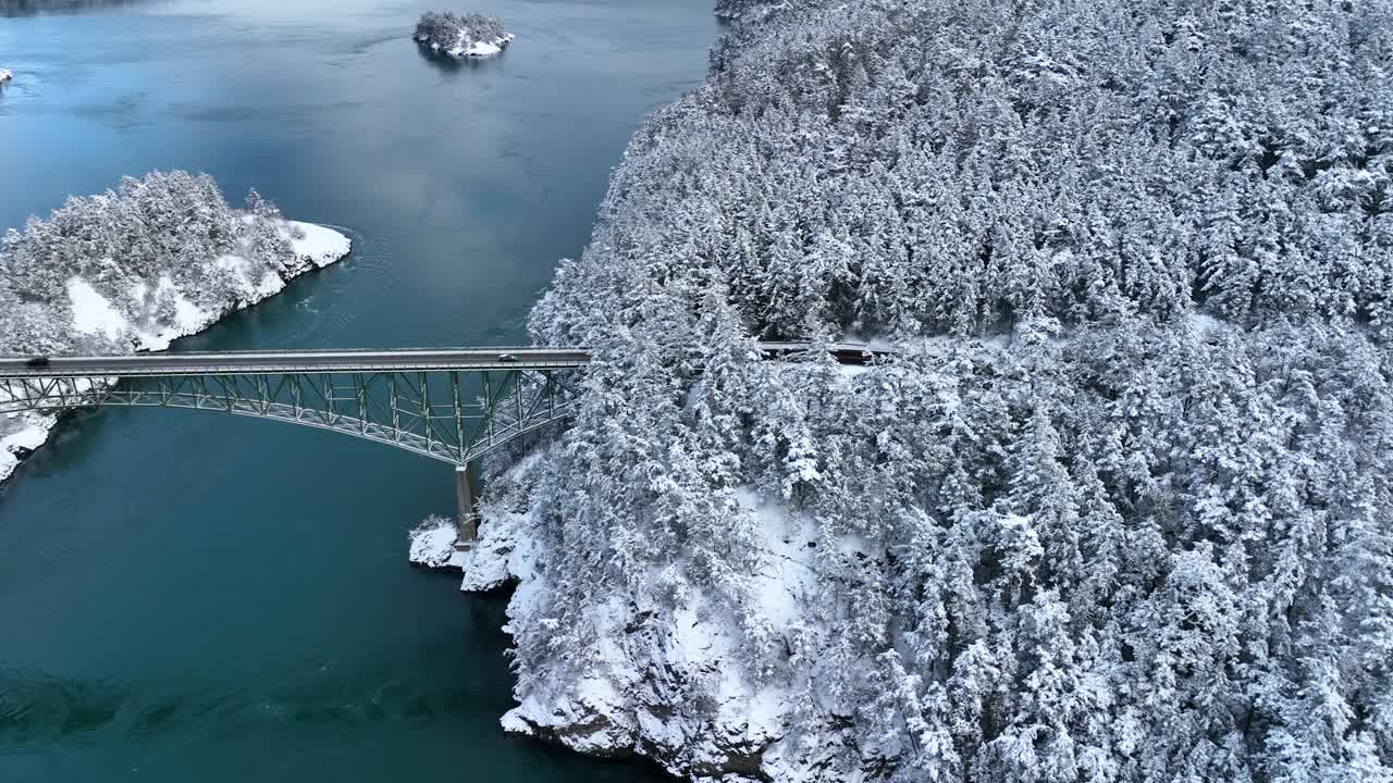 vista aérea de establecimiento ultra ancho del puente de paso de engaño mientras la nieve cubre el suelo