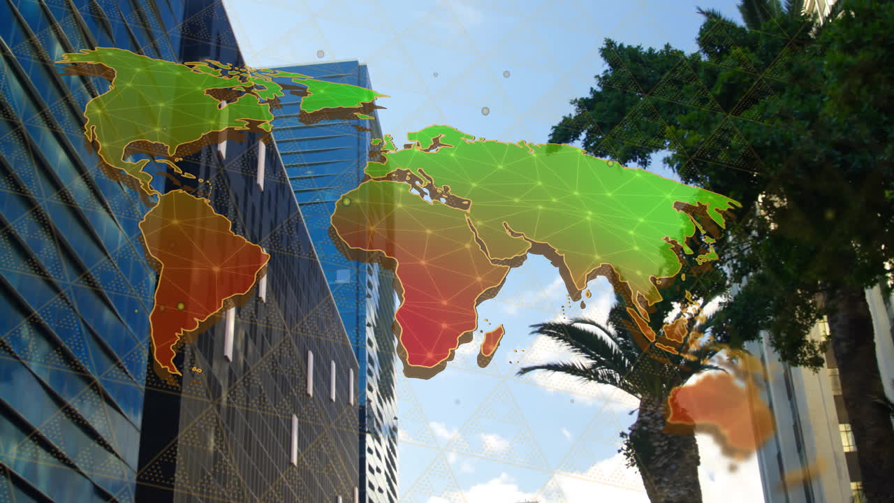 animación de conexiones y mapa del mundo sobre el paisaje urbano