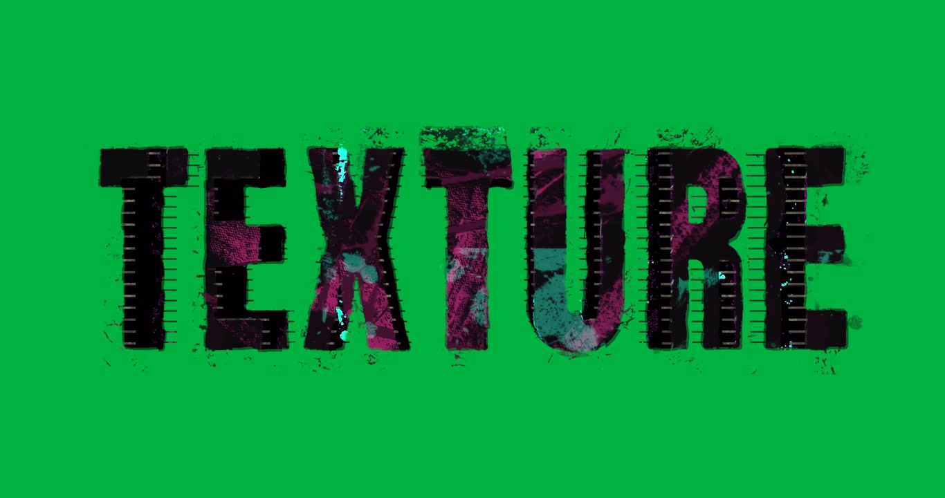 On fade in bold block letters TEXTURE fading on clear layer revealing neon brush strokes pulsing