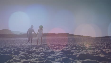 animación de puntos de luz sobre una pareja afroamericana caminando y tomados de la mano