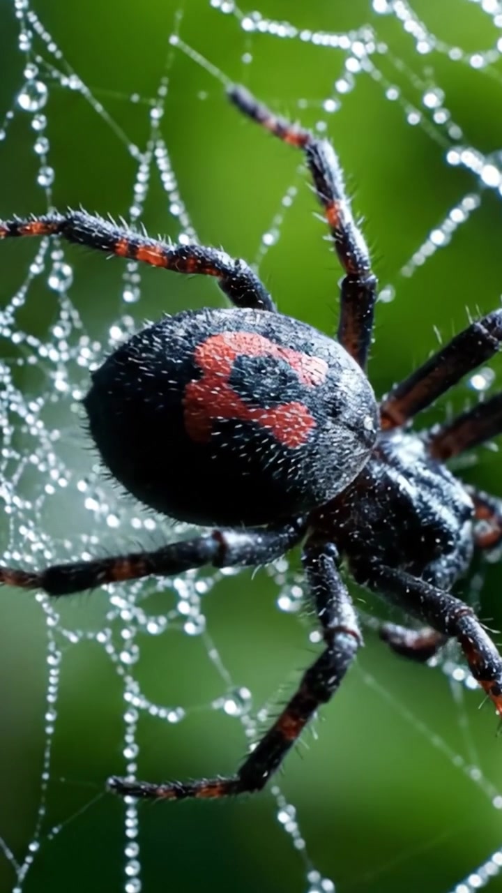 Et nærbilde av en edderkopp på nettet sitt, som fanger de intrikate detaljene i naturens design med glitrende duggdråper som reflekterer lyset
