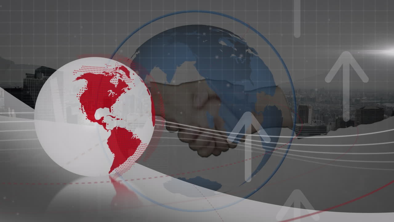 손을 흔드는 사람들 위에 화살표가 있는 회전하는 지구의 애니메이션