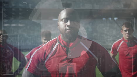 animation of data processing over rugby match in sports stadium