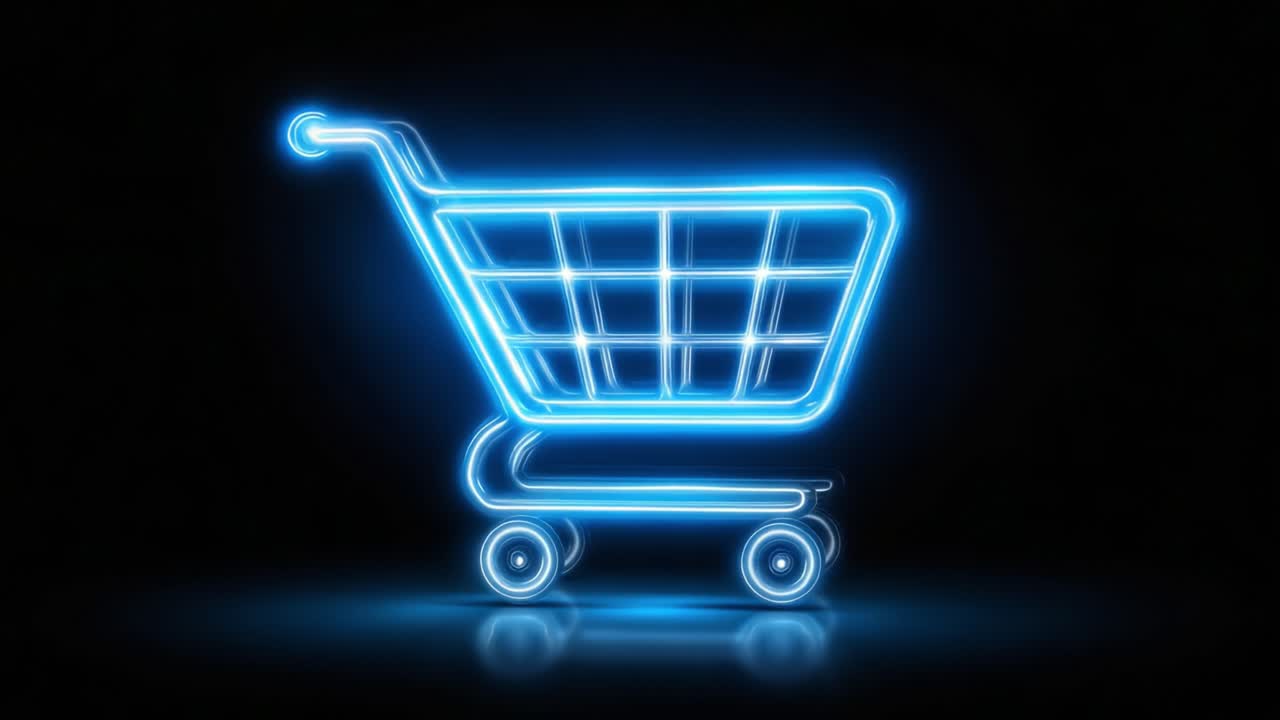 Illuminated Neon Shopping Cart: A Striking Visual Representation of Online Retail Experience and Modern Consumerism in a Dark Environment