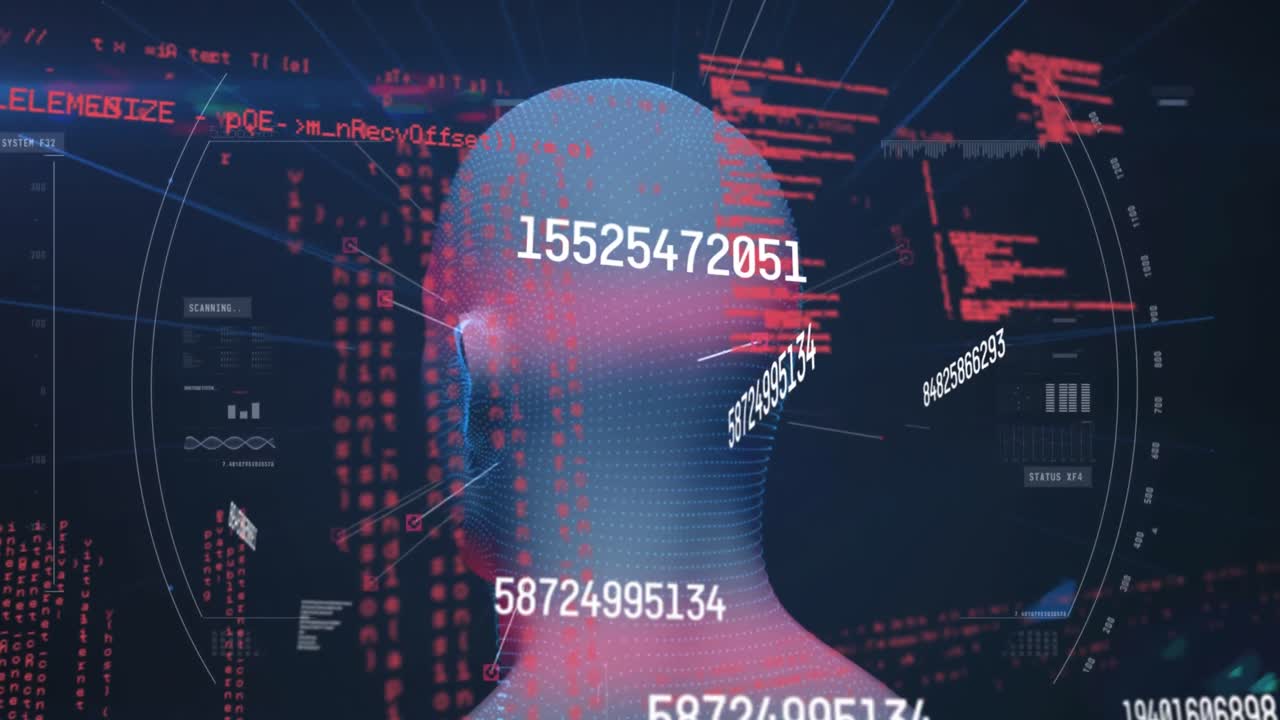 animación de números cambiantes y procesamiento de datos sobre el modelo de cabeza humana giratoria.