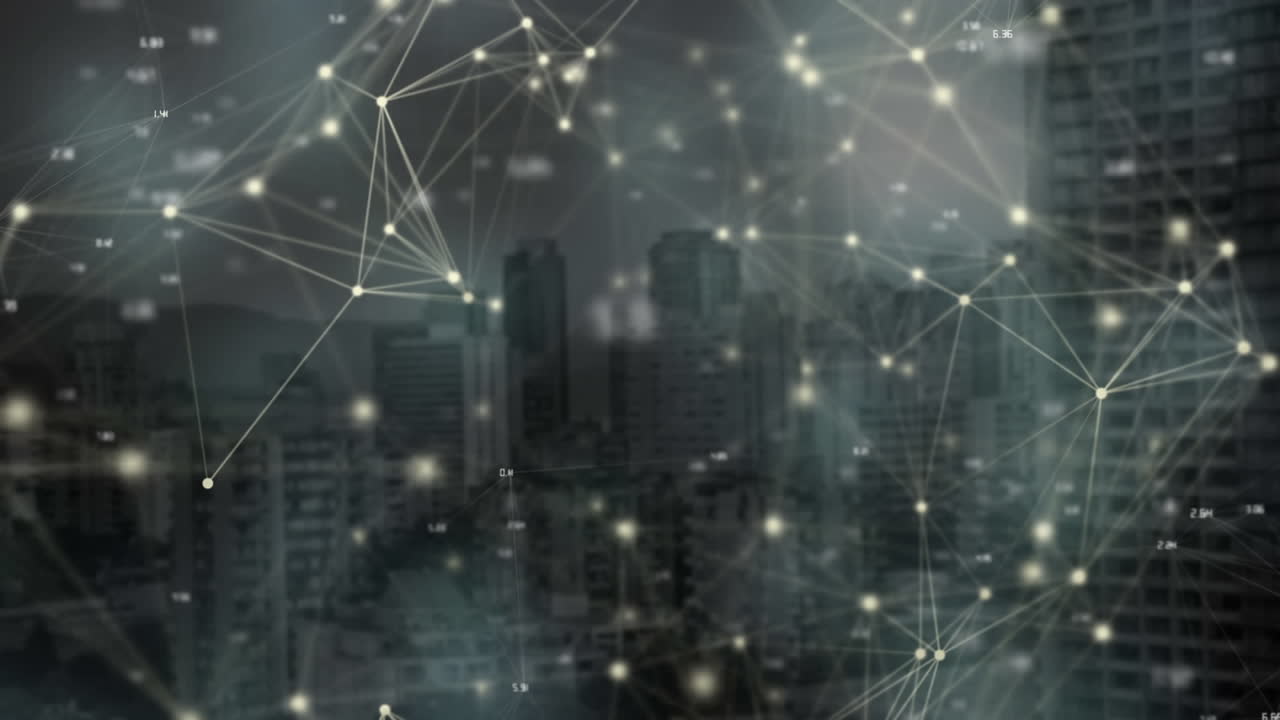 Network of connections against cityscape