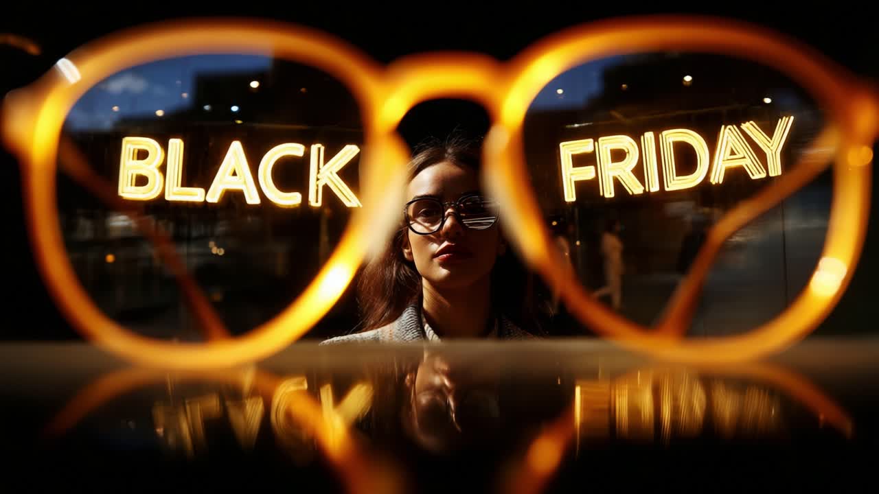 A woman in stylish glasses stands in front of glowing 'Black Friday' signage, highlighting the vibrant shopping culture and consumer excitement that surrounds seasonal sales events