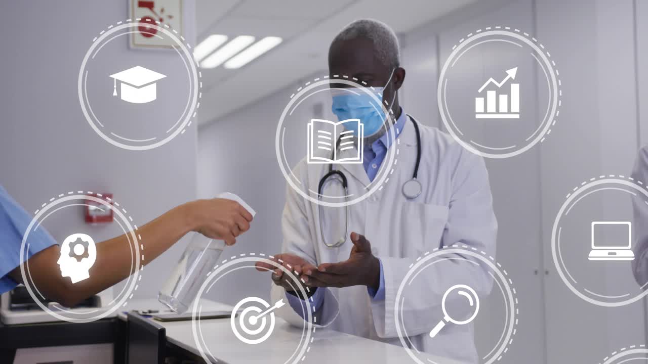 Medical nurse tilting sanitizer bottle dispensing into doctor hands as animated data icons drifting