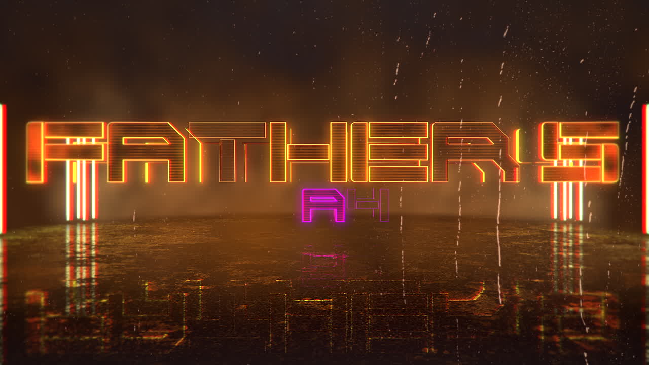 도시 벽에 네온 불빛이 있는 애니메이션 텍스트 아버지의 날과 사이버펑크 애니메이션 배경