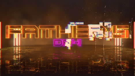 texto de animación día del padre y fondo de animación cyberpunk con luces de neón en la pared de la ciudad
